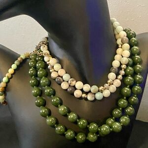 Long natural amazonite gemstone beaded strand & vintage dark green 32” necklace